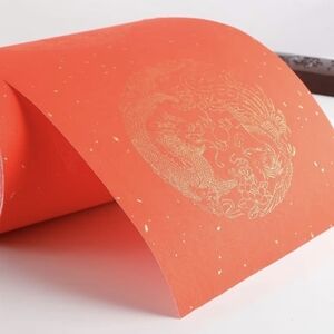 Red Paper Roll Chinese Calligraphy Paper With Gold Dragons - 2 Rolls Sealed NWT